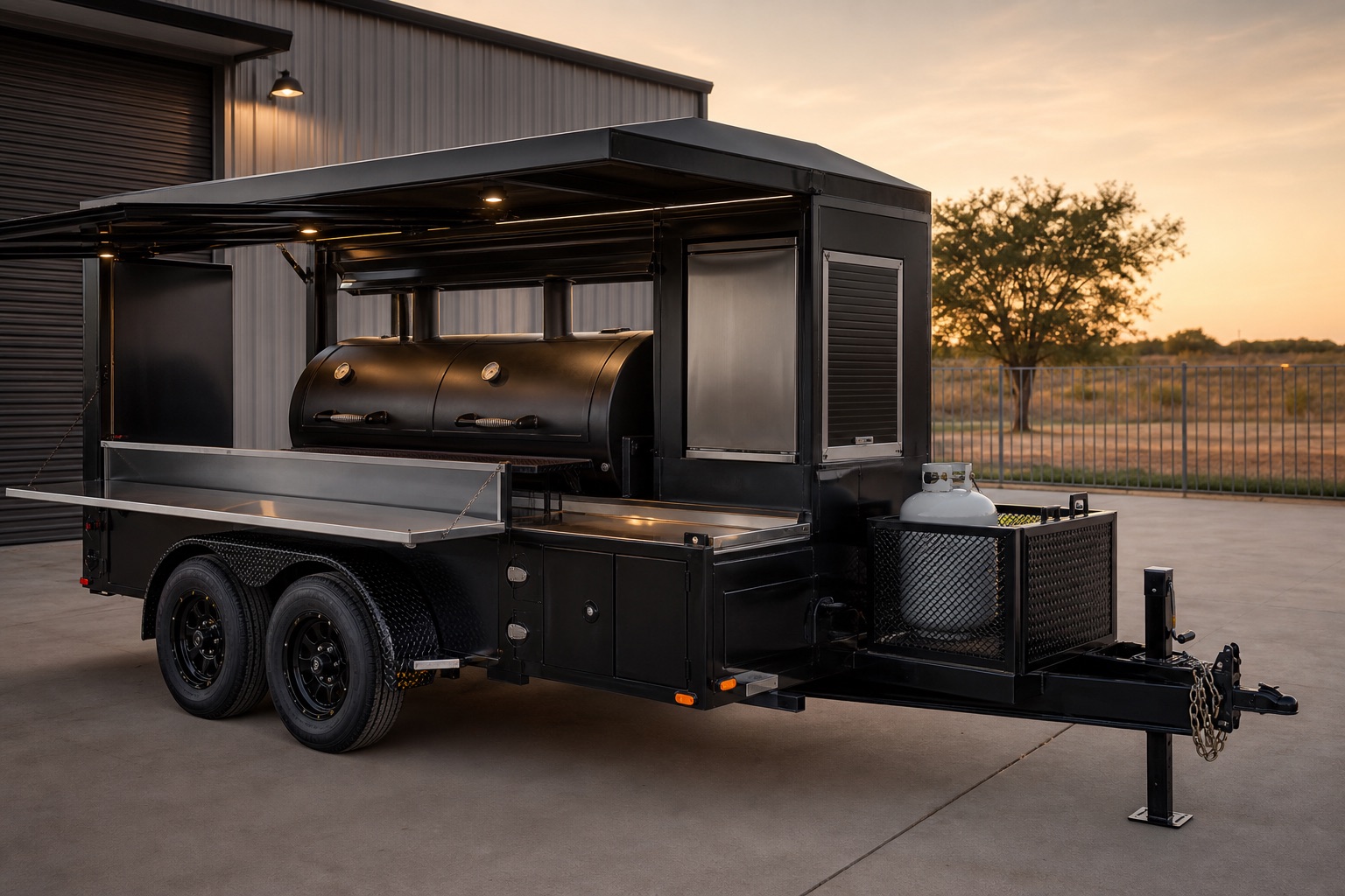 Custom black tandem axle BBQ smoker trailer