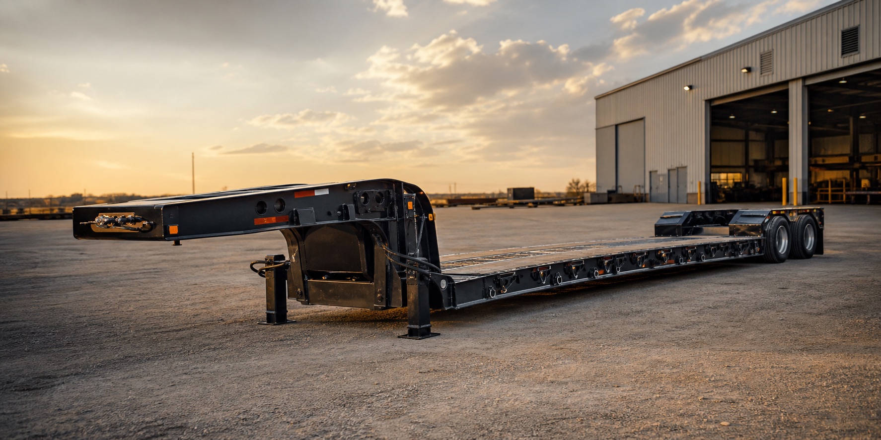 Custom removable gooseneck heavy-haul trailer outside a Texas fabrication shop